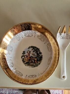 Vtg Crest O Gold Sabins Warrented 22 Kt Serving Bowl W/fork